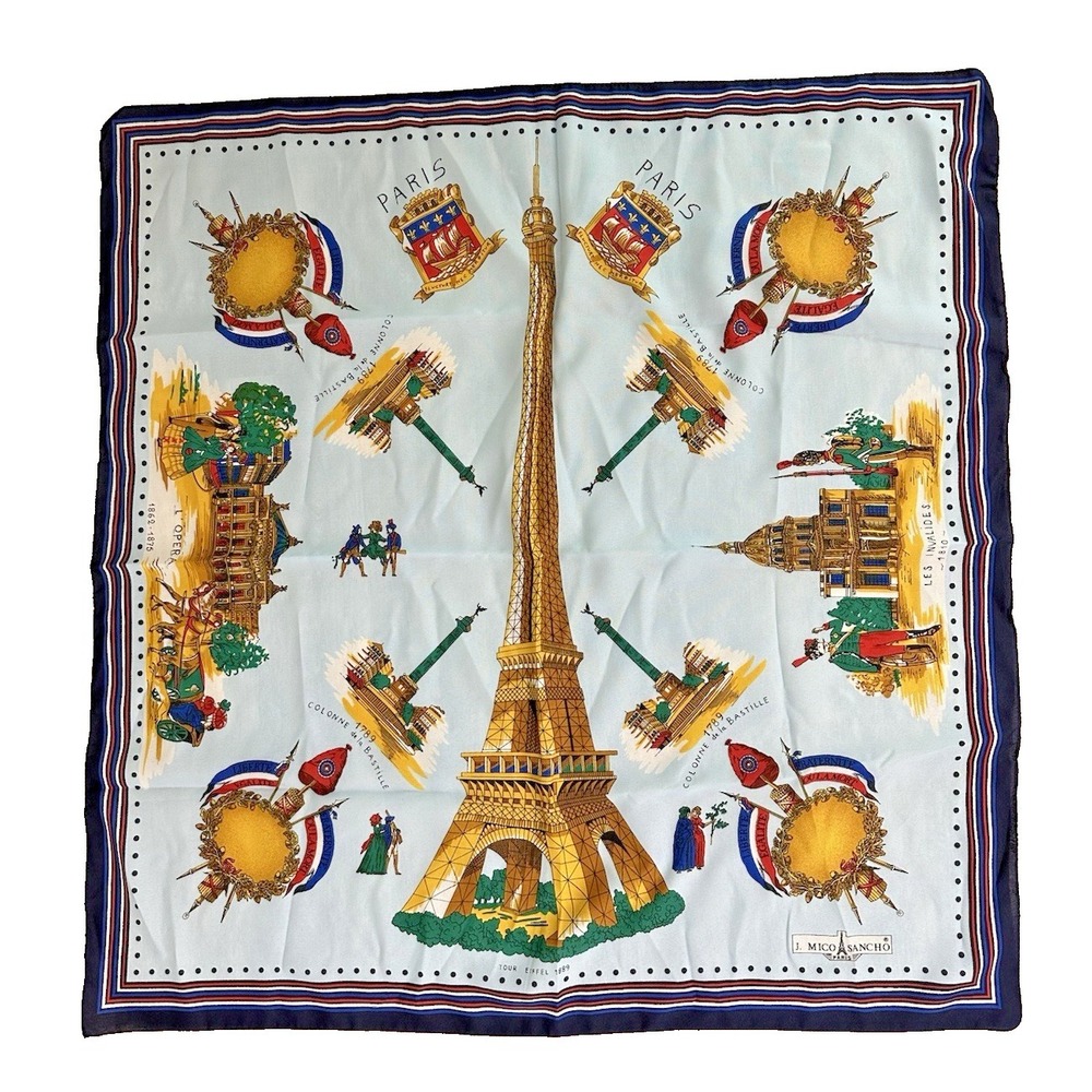 J‎ Mico Sancho Paris Scarf Blue Italy France Landmarks Eiffel Tower Scenes Vtg